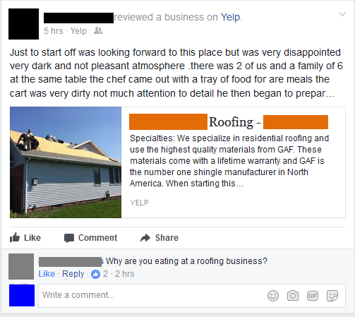 Someone writing a bad Yelp at a roofing business they ate at.