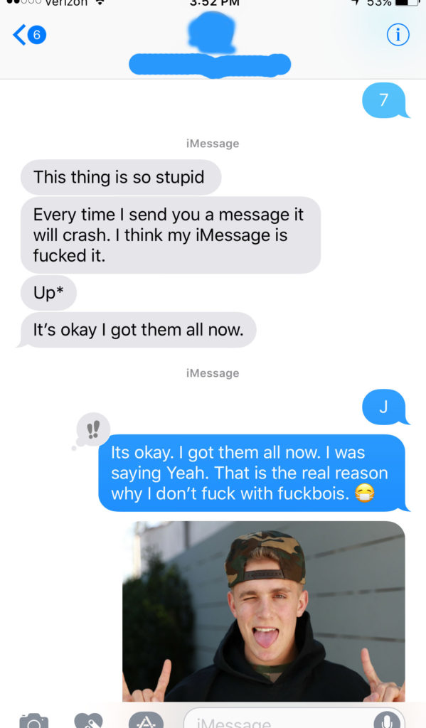 Girl is messaging guy telling him she doesn't like certain kind of guys