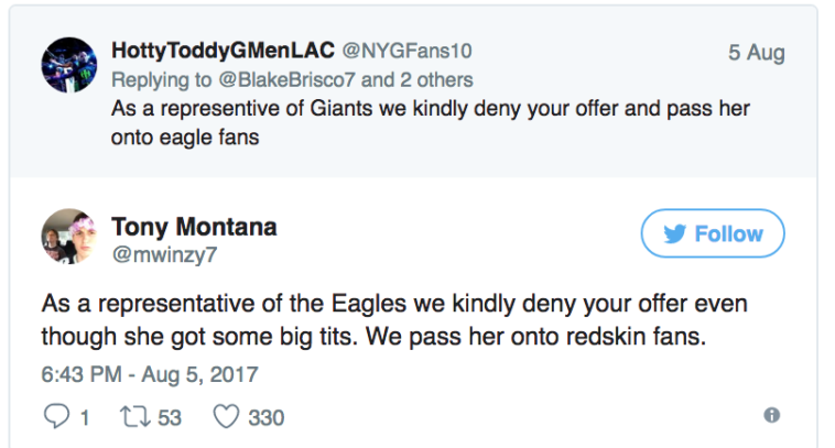 donald trump john legend tweet - Hotty Toddy G MenLAC 10 5 Aug and 2 others As a representive of Giants we kindly deny your offer and pass her onto eagle fans Tony Montana y As a representative of the Eagles we kindly deny your offer even though she got s