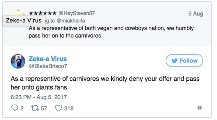angle - 5 Aug Zekea Virus ig to As a representative of both vegan and cowboys nation, we humbly pass her on to the carnivores Zekea Virus y As a representive of carnivores we kindly deny your offer and pass her onto giants fans 9 2 2257 318