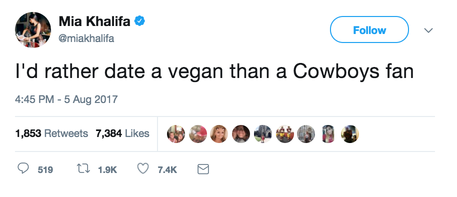 elijah daniel riverdale tweet - Mia Khalifa v I'd rather date a vegan than a Cowboys fan 1,853 7,384 6200 R O N 9 51927
