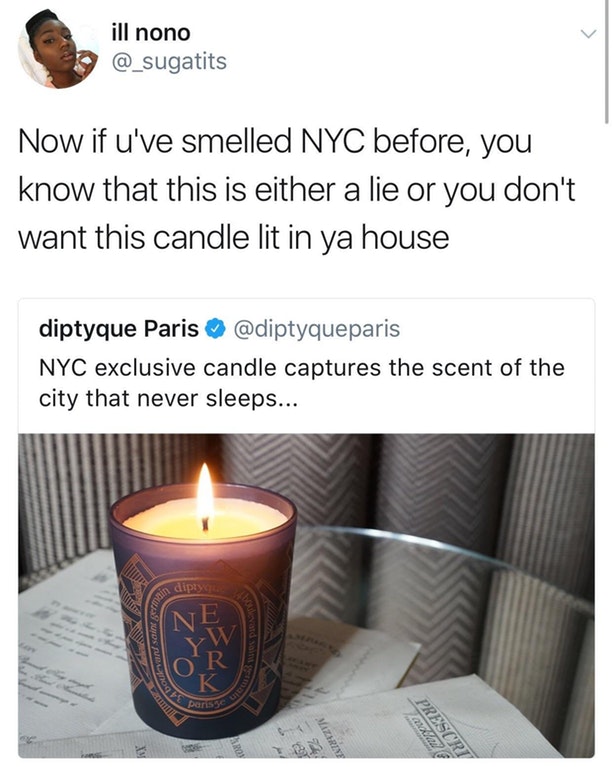 Honest tweet about a candle that claims to have the scent of New York