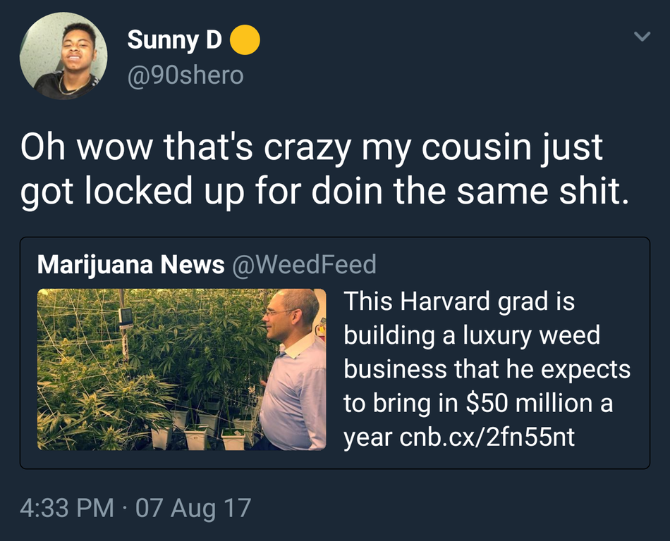 Tweet of Harvard grad growing luxury week business and someone who mentions his cousin just recently got locked up for doing that.