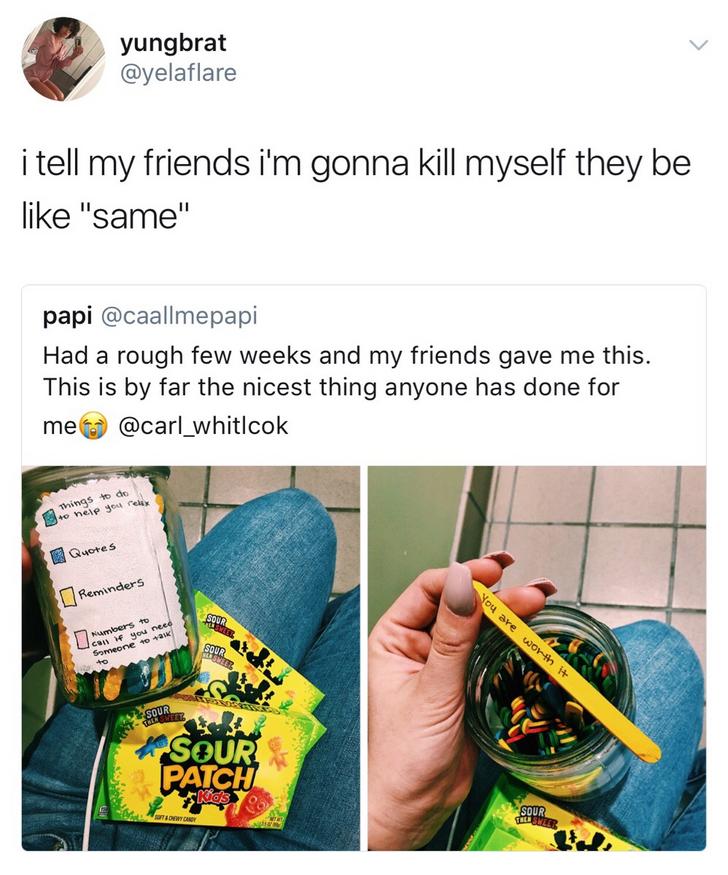 Black person tweets about how his friends would not care upon seeing this jar that white kids made their friend so he would stop being depressed.