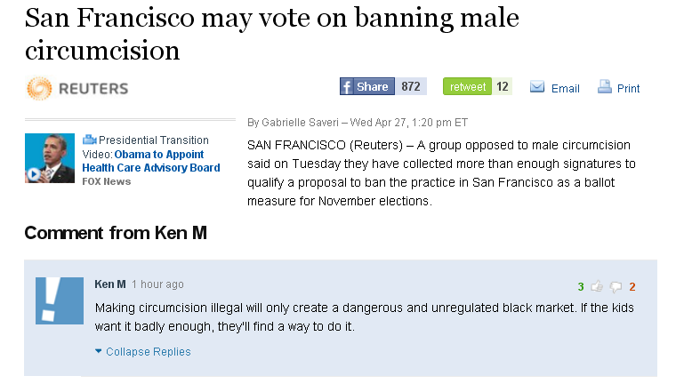 ken m best - San Francisco may vote on banning male circumcision Reuters f 872 retweet 12 M Email Print Presidential Transition Video Obama to Appoint Health Care Advisory Board Fox News By Gabrielle Saveri Wed Apr 27, Et San Francisco Reuters A group opp