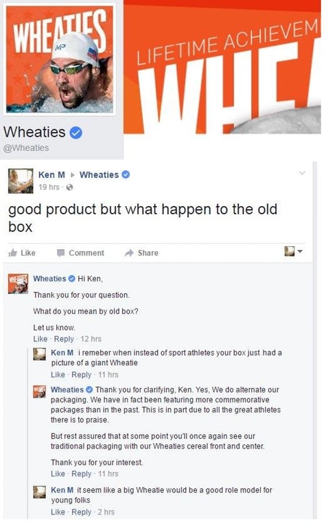 ken m facebook - We M Lifetime Achievem Wheaties Wheaties Ken M 19 hrs good product but what happen to the old box Comment Herres Wheaties Hi Ken Thank you for your question. What do you mean by old box? Let us know. 12 hrs Ken Mi remeber when instead of 