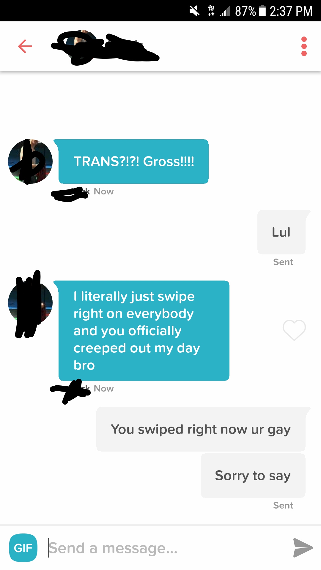abigail tinder - 87% Trans?!?! Gross!!!! Now Lul Sent I literally just swipe right on everybody and you officially creeped out my day bro k Now You swiped right now ur gay Sorry to say Sent Gif | Send a message...
