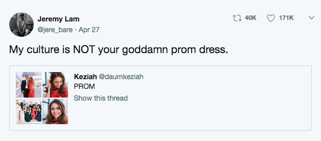 Twitter user Jeremy Lam didn't take too kindly to this woman's cultural appropriation and so he put her on blast for stepping out of line. Seriously, he and 171K other people felt she had gone too far. 