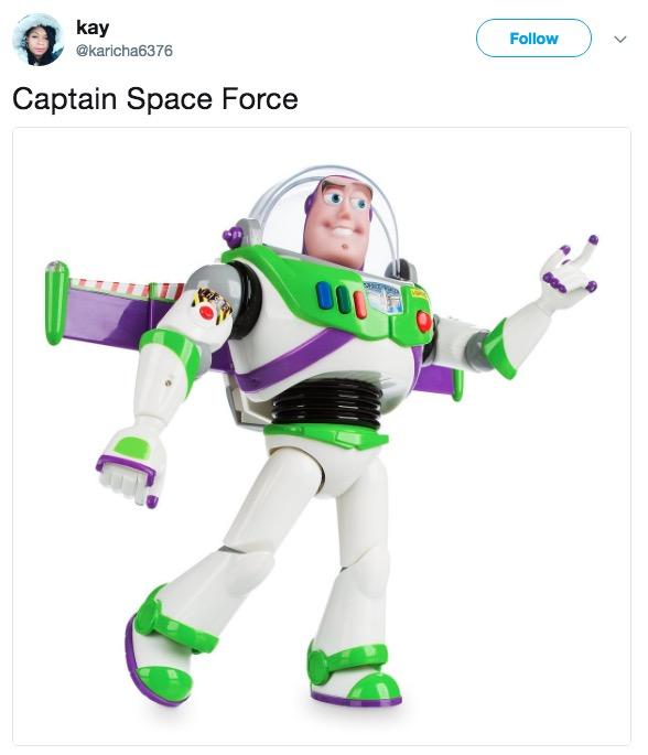 Trump space force meme with Buzz Lightyear as captain