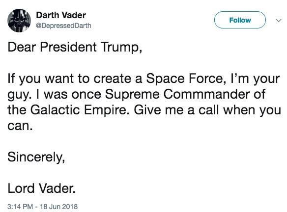 Trump space force meme with Darth Vader asking to join