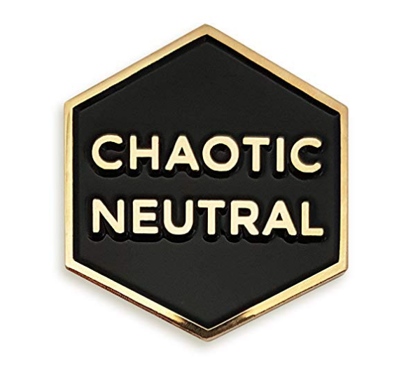 This <a href="https://amzn.to/2Mq6qtv" target="_blank">Chaotic Neutral</a> pin lets people know where you stand and tells them you spend too much time online. 