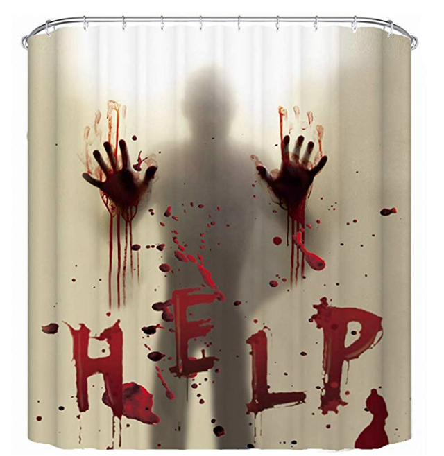 Want to give your wife or roommates a good scare? This <a href="https://amzn.to/2pqbKiD" target="_blank">Help</a> blood soaked shower curtain takes the spook up a notch.  
