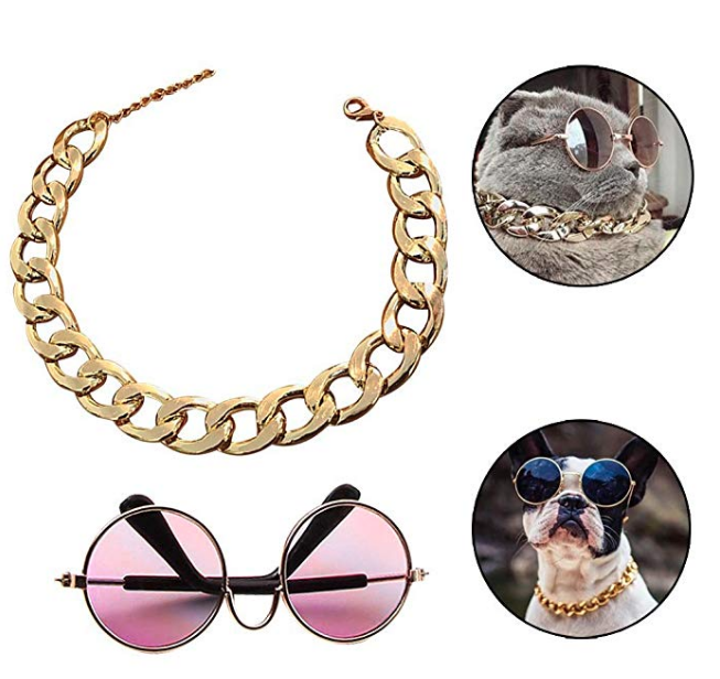 Pimp out your cats and dogs with this funny fake glasses and chain combo. Your <a href="https://amzn.to/2OWY3Tq" target="_blank">Pet</a> will be stunting on them haters in no time.   