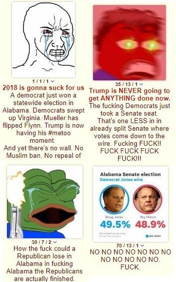 Roy Moore 2020 memes - cartoon -  is gonna suck for us Trump is Never going to A democrat just won a get Anything done now. statewide election in The fucking Democrats just Alabama Democrats swept took a Senate seat. up Virginia. Mueller has T hat's one L