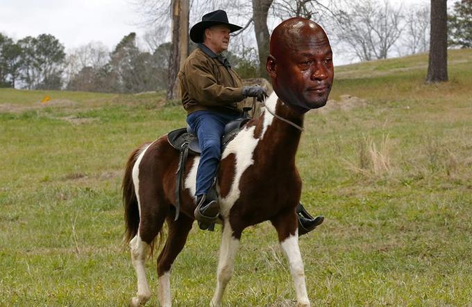 Roy Moore 2020 memes - roy moore  riding a crying Michael Jordan horse