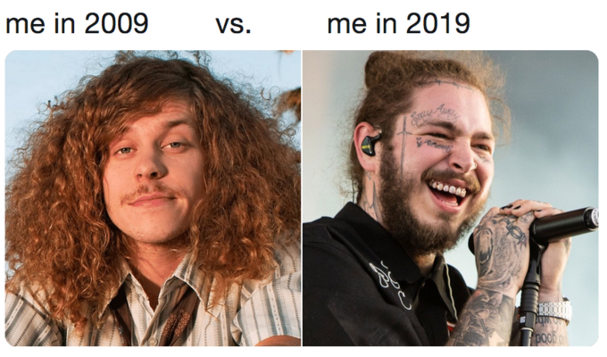 post malone 10 year challenge - me in 2009 vs. me in 2019