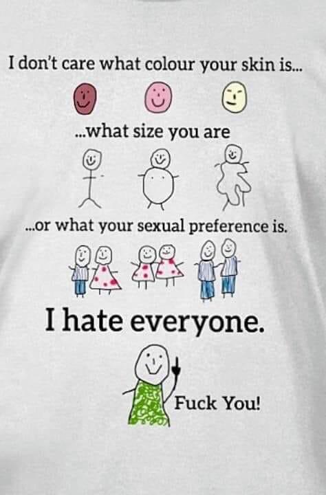 really funny pictures - real simple - I don't care what colour your skin is... ...what size you are ..or what your sexual preference is. Im I hate everyone. Fuck You!