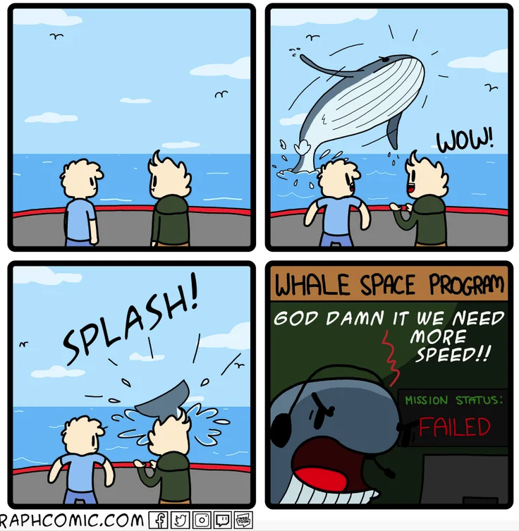 really funny pictures - comics - Wow! Whale Space Program God Damn It We Need More Speed!! Splash! . o Mission Status Failed Raphcomic.COM90PS