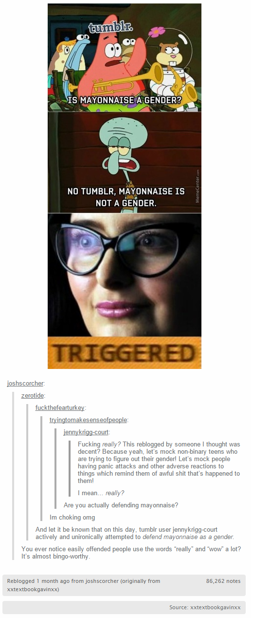 funny monday memes - triggered funny meme - tumblr Mayokna La Gender No Tumblr Mayonnaise Is Not A Gender. Triggered to t wo