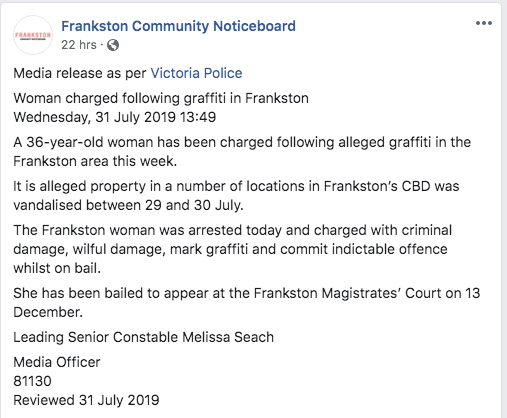 Frankston Community Noticeboard 22 hrs. Media release as per Victoria Police Woman charged ing graffiti in Frankston Wednesday, A 36yearold woman has been charged ing alleged graffiti in the Frankston area this week. It is alleged property in a number of…