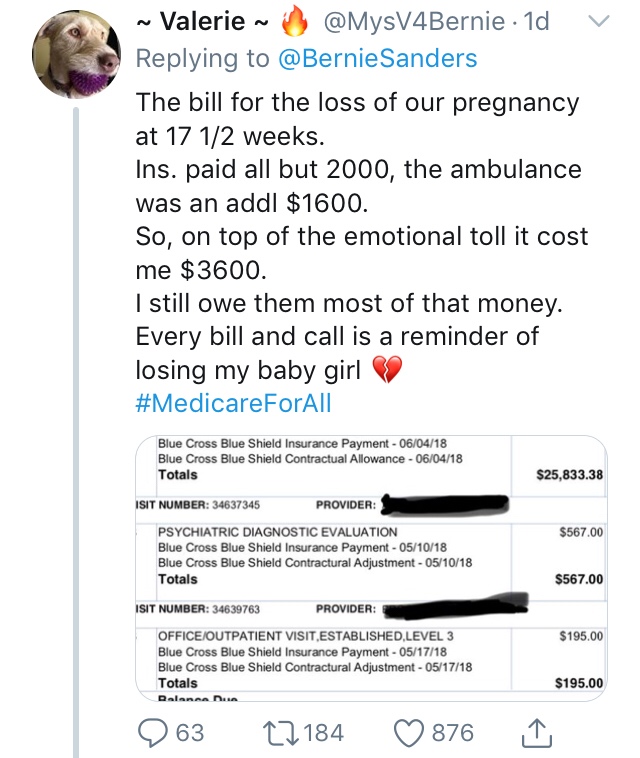 The bill for the loss of our pregnancy at 17 12 weeks. Ins. paid all but 2000, the ambulance was an addl $1600. So, on top of the emotional toll it cost me $3600. I still owe them most of that money. Every bill and call