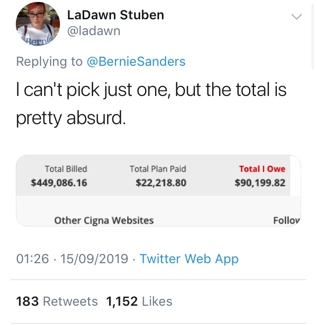 LaDawn Stuben Bernie Sanders I can't pick just one, but the total is pretty absurd. Total Billed $449,086.16 Total Plan Paid $22,218.80 Total I Owe $90, 199.82 Other Cigna