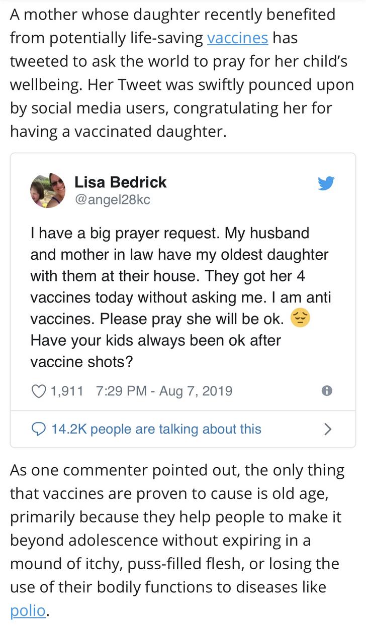 A mother whose daughter recently benefited from potentially lifesaving vaccines has tweeted to ask the world to pray for her child's wellbeing. Her Tweet was swiftly pounced upon by social media users, congratulating her for having a vaccinated