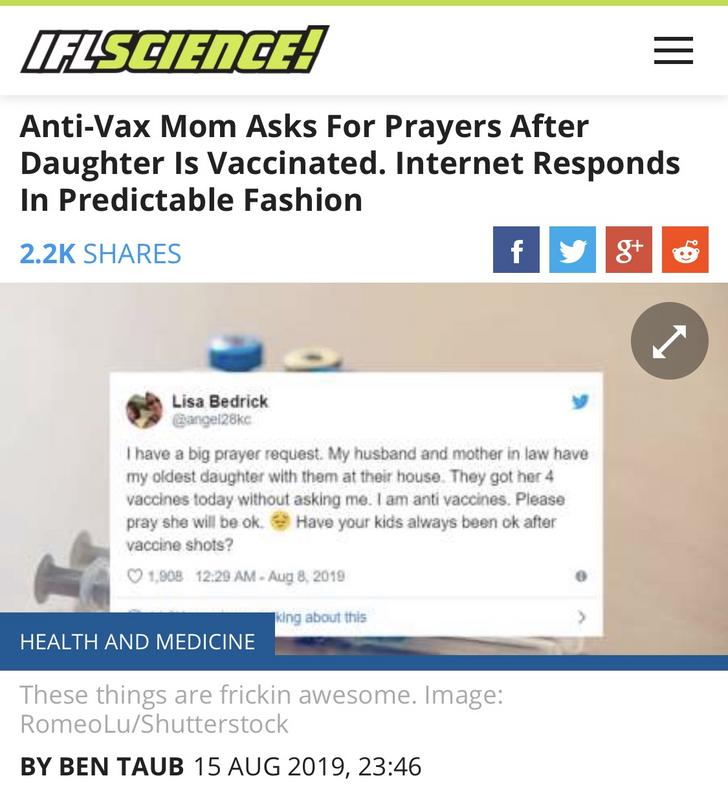 AntiVax Mom Asks For Prayers After Daughter Is Vaccinated. Internet Responds In Predictable Fashion Lisa Bedrick Cangel28kc I have a big prayer request. My husband and mother in law have my oldest daughter with them at their house.