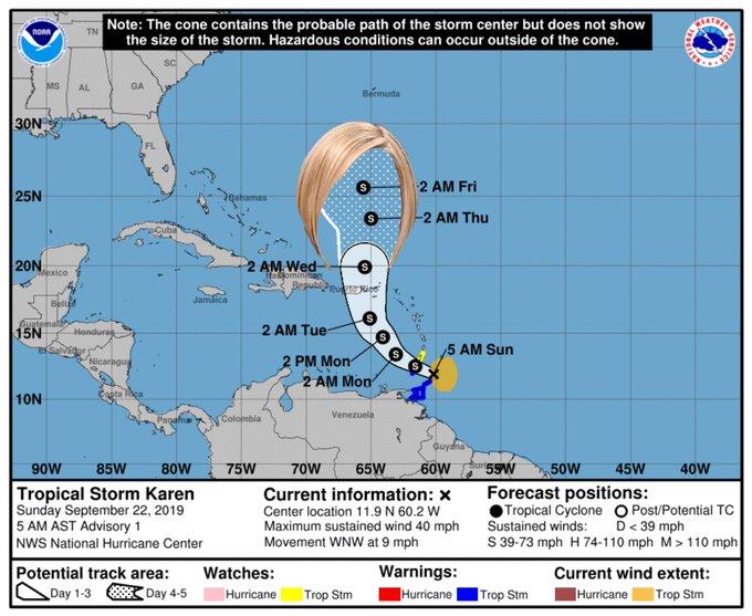 tropical storm karen memes - Note The cone contains the probable path of the storm center but does not show the size of the storm. Hazardous conditions can occur outside of the cone. Sc Ga Bermuda Msal 30N 2 Am Fri 25N Datamas 2 Am Thu 20Nexico 2 Am Wed B