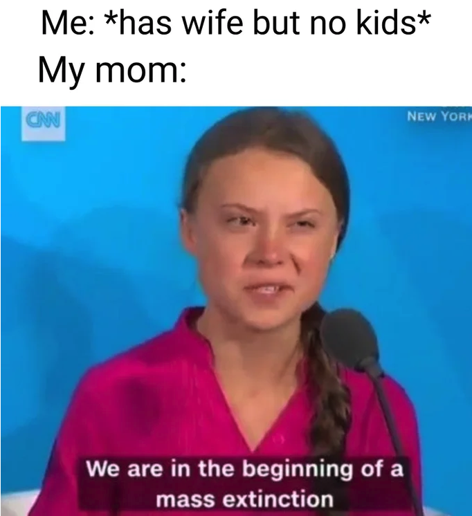 Greta Thunberg memes -Me has wife but no kids My mom New Yor We are in the beginning of a mass extinction
