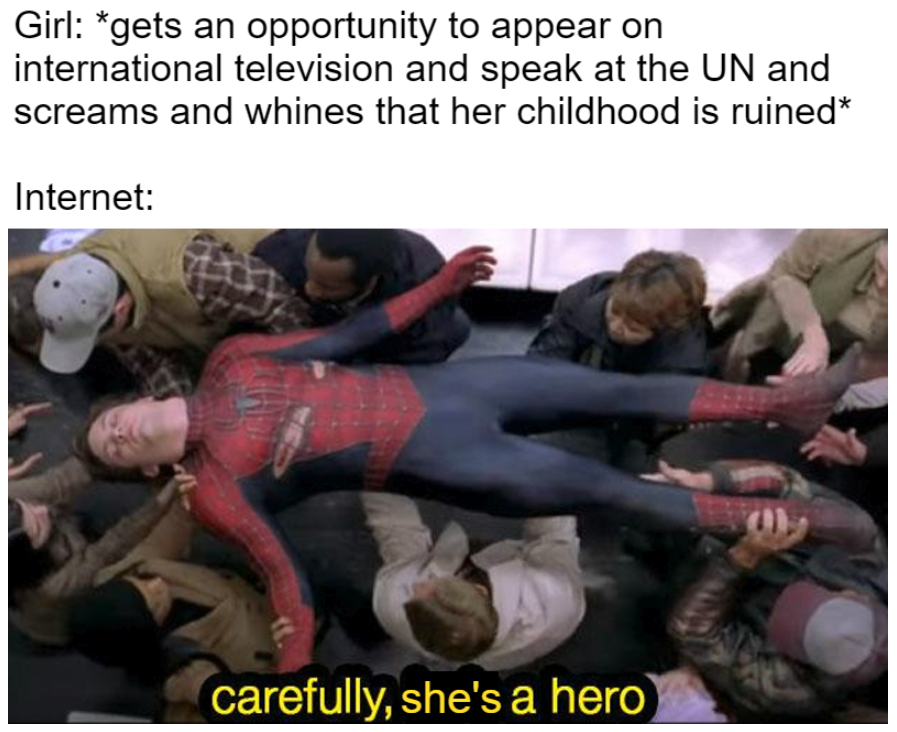 Greta Thunberg memes -careful he's a hero meme - Girl gets an opportunity to appear on international television and speak at the Un and screams and whines that her childhood is ruined Internet carefully, she's a hero
