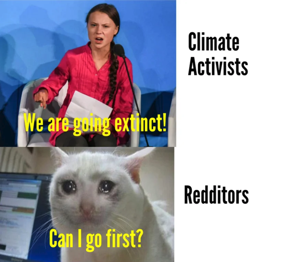 Greta Thunberg memes -Climate Activists We are going extinct! Redditors Can I go first?