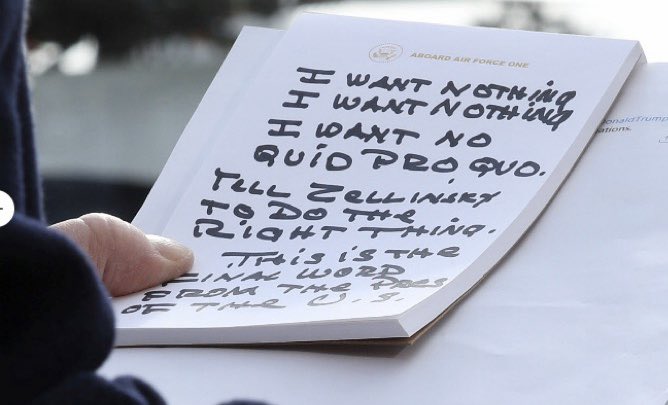 Close up shot of Trump's notes from an earlier interview on the White House lawn. 