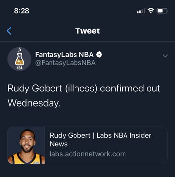 screenshot - Tweet FantasyLabs Nba Rudy Gobert illness confirmed out Wednesday. Rudy Gobert Labs Nba Insider News labs.actionnetwork.com