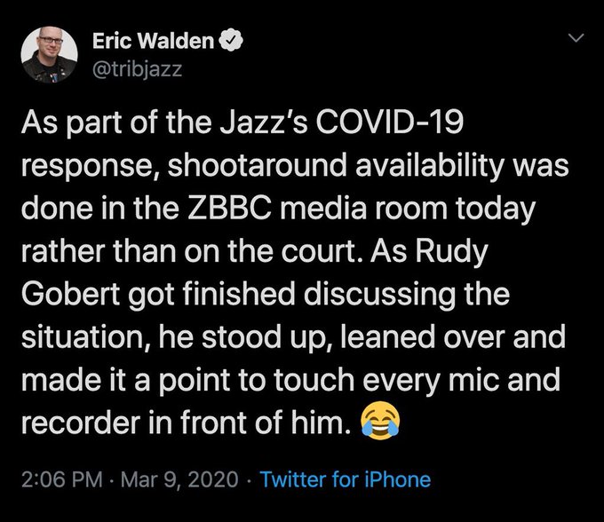 atmosphere - Eric Walden As part of the Jazz's Covid19 response, shootaround availability was done in the Zbbc media room today rather than on the court. As Rudy Gobert got finished discussing the situation, he stood up, leaned over and made it a point to