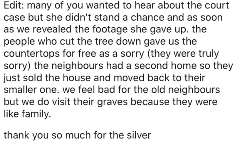 document - Edit many of you wanted to hear about the court case but she didn't stand a chance and as soon as we revealed the footage she gave up. the people who cut the tree down gave us the countertops for free as a sorry they were truly sorry the neighb