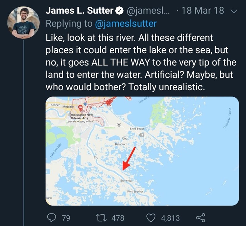 sky - James L. Sutter .... 18 Mar 18 v , look at this river. All these different places it could enter the lake or the sea, but no, it goes All The Way to the very tip of the land to enter the water. Artificial? Maybe, but who would bother? Totally unreal