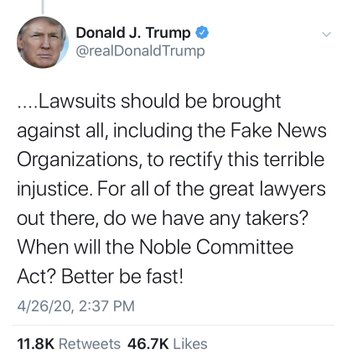 trump unmatched wisdom quote - Donald J. Trump Trump ....Lawsuits should be brought against all, including the Fake News Organizations, to rectify this terrible injustice. For all of the great lawyers out there, do we have any takers? When will the Noble 
