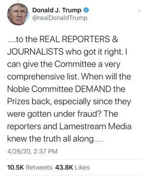 trump tweet insult - Donald J. Trump Trump ....to the Real Reporters & Journalists who got it right. I can give the Committee a very comprehensive list. When will the Noble Committee Demand the Prizes back, especially since they were gotten under fraud? T