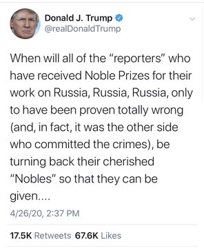 trump daca tweet - Donald J. Trump Trump When will all of the "reporters" who have received Noble Prizes for their work on Russia, Russia, Russia, only to have been proven totally wrong and, in fact, it was the other side who committed the crimes, be turn