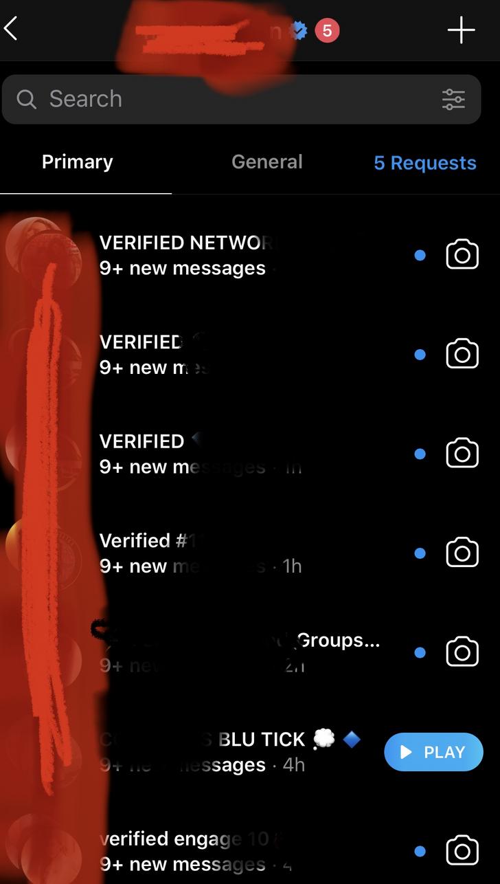 screenshot - Q Search Primary General 5 Requests Verified Netwoi 9 new messages Verified 9 new me Verified 9 new me Verified # 9 new me s. 1h Groups... . 9 ne zil S Blu Tick Play essages. 4h verified engage 10 9 new messages.