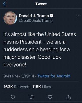 screenshot - Tweet Donald J. Trump Trump It's almost the United States has no President we are a rudderless ship heading for a major disaster. Good luck everyone! 31914 . Twitter for Android t2
