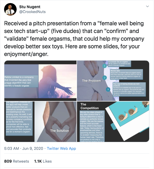 website - Stu Nugent Received a pitch presentation from a "female well being sex tech startup" five dudes that can "confirm" and "validate" female orgasms, that could help my company develop better sex toys. Here are some slides, for your enjoymentanger. 