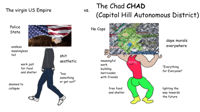 chad meme - The virgin Us Empire vs. The Chad Chad Capitol Hill Autonomous District Police State No Cops dope murals everywhere endless meaningless toil shit aesthetic Ouch! work just for food and shelter meaningful work building barricades with friends "