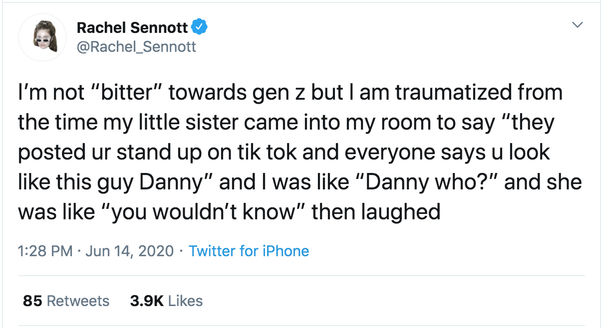 twitter donald trump iran - Rachel Sennott I'm not "bitter" towards gen z but I am traumatized from the time my little sister came into my room to say "they posted ur stand up on tik tok and everyone says u look this guy Danny" and I was "Danny who?" and 