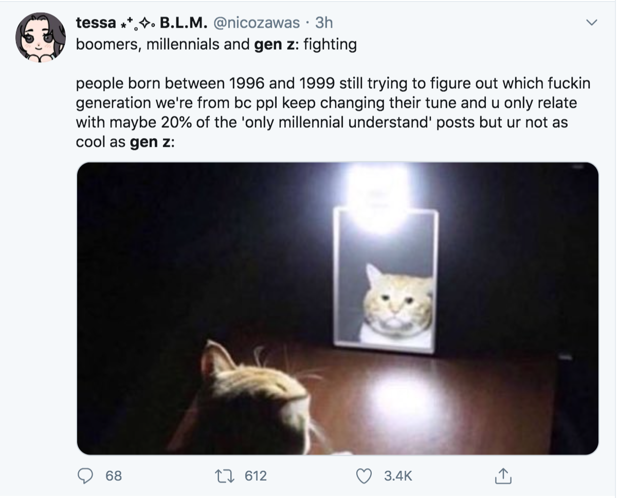 cat - tessa . B.L.M. 3h boomers, millennials and gen z fighting people born between 1996 and 1999 still trying to figure out which fuckin generation we're from bc ppl keep changing their tune and u only relate with maybe 20% of the 'only millennial unders