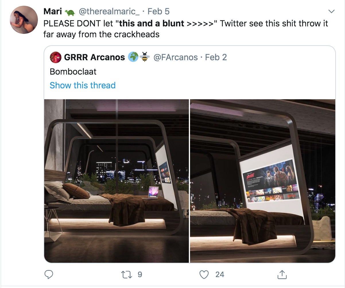 multimedia - Mari . Feb 5 Please Dont let "this and a blunt >>>>>" Twitter see this shit throw it far away from the crackheads . Feb 2 Grrr Arcanos Bomboclaat Show this thread 129 24
