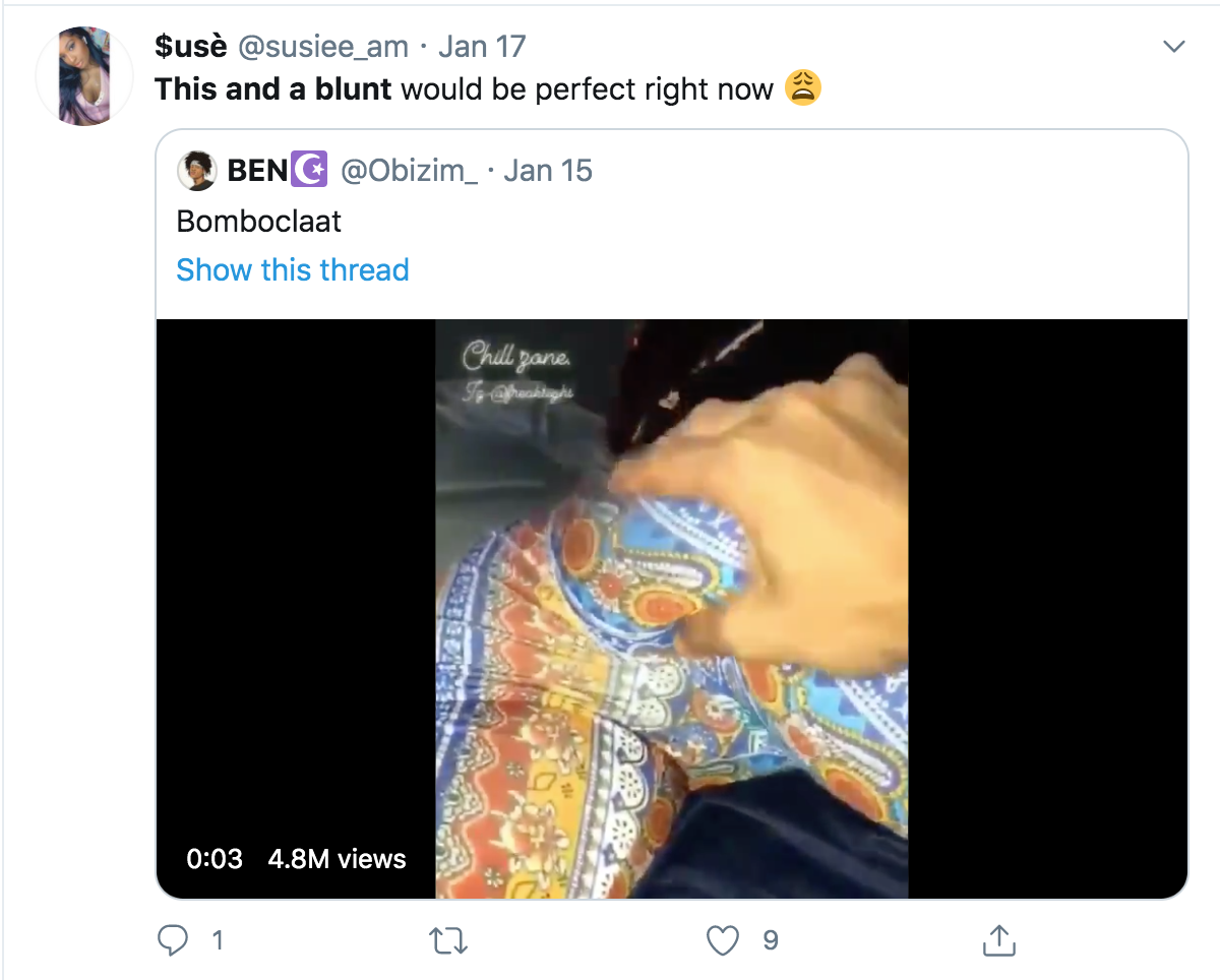 hand - > $use . Jan 17 This and a blunt would be perfect right now Beng 15 Bomboclaat Show this thread Bell pane 4.8M views 27 9
