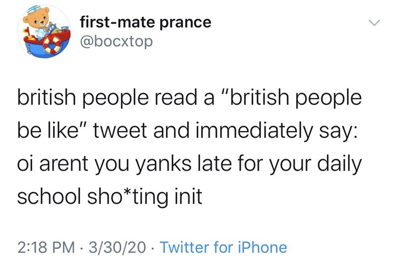 dan crenshaw ilhan omar twitter - firstmate prance british people read a "british people be " tweet and immediately say oi arent you yanks late for your daily school shoting init 33020 Twitter for iPhone