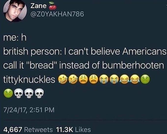 me h british people - Zane me h british person I can't believe Americans call it "bread" instead of bumberhooten tittyknuckles Oooo 72417, 4,667